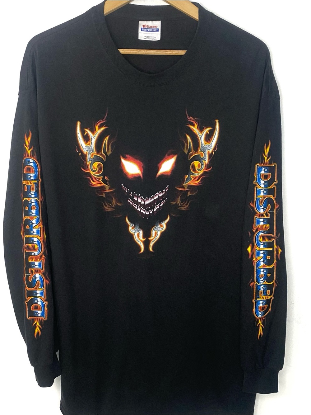 Vintage Y2K Disturbed Band Long Sleeve T Shirt Black Demon Fire Graphic Tee XL